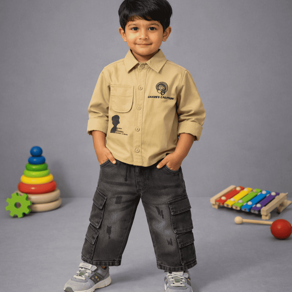 Kids Designer Khaki Shirt & Cargo Trouser Set