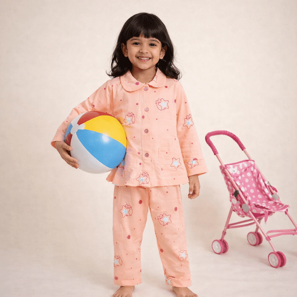 Kids Peach Star Print Night Suit