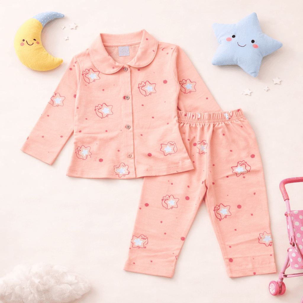 Kids Peach Star Print Night Suit - Image 2