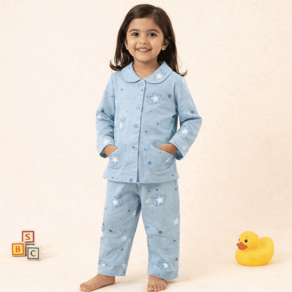Sky Blue Printed Cotton Pajama Set