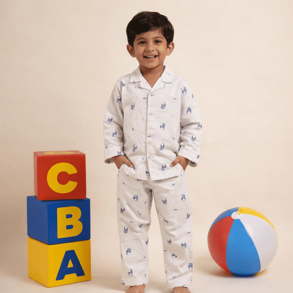 Kids White Printed Cotton Night Suit